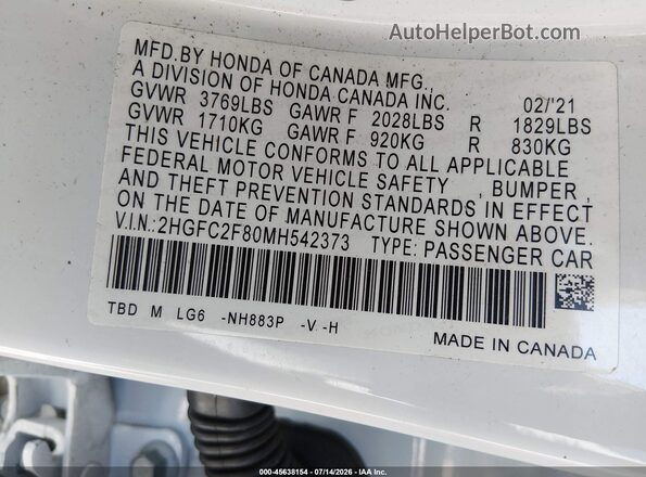 2HGFC2F80MH542373 2021 HONDA CIVIC White Vista del compartimento del motor