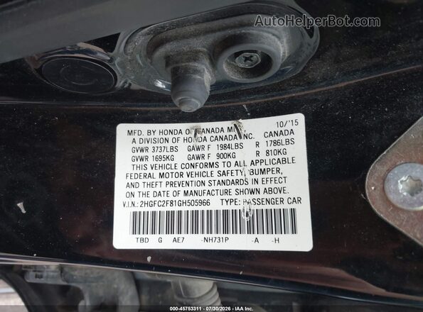 2HGFC2F81GH505966 2016 HONDA CIVIC Black Widok komory silnika