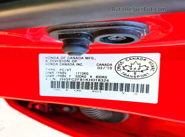 2HGFC2F81KH018324 2019 HONDA CIVIC Red Widok naklejki z numerem VIN