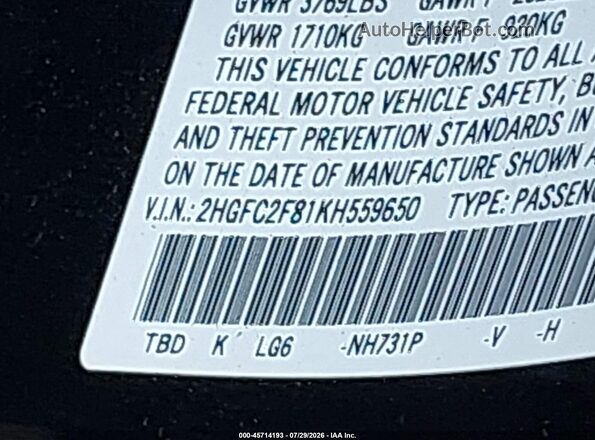 2HGFC2F81KH559650 2019 HONDA CIVIC Black Вид підкапотного простору