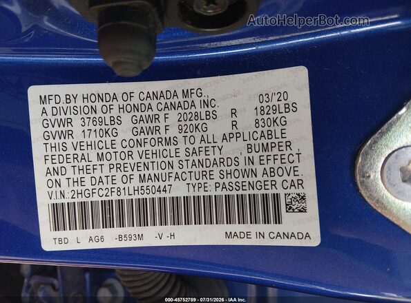 2HGFC2F81LH550447 2020 HONDA CIVIC Синий Вид подкапотного пространства