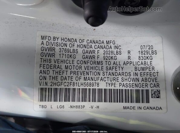 2HGFC2F81LH568978 2020 HONDA CIVIC White Vista del compartimento del motor