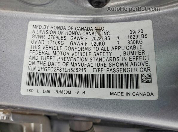 2HGFC2F81LH585215 2020 HONDA CIVIC Silver Engine compartment view
