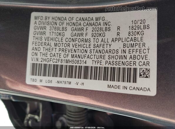 2HGFC2F81MH508314 2021 HONDA CIVIC Gray Engine compartment view