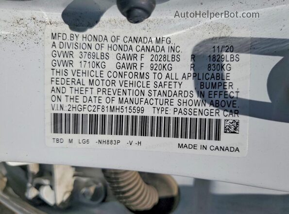 2HGFC2F81MH515599 2021 HONDA CIVIC White Widok komory silnika