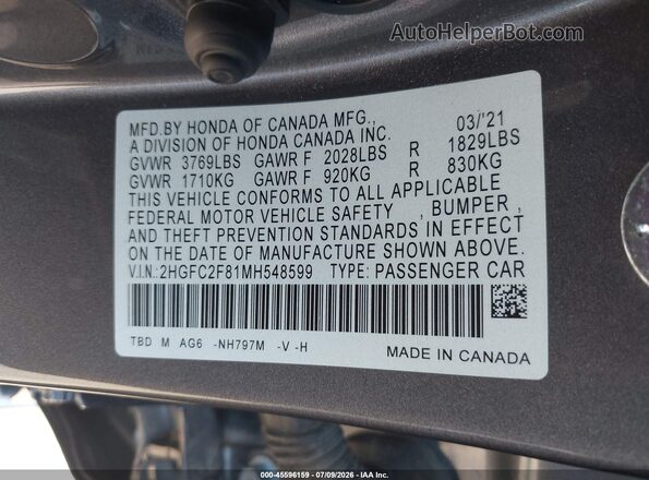 2HGFC2F81MH548599 2021 HONDA CIVIC Gray Engine compartment view