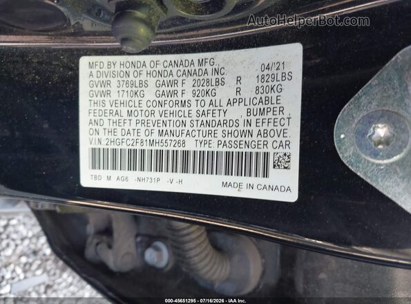 2HGFC2F81MH557268 2021 HONDA CIVIC Черный Вид подкапотного пространства