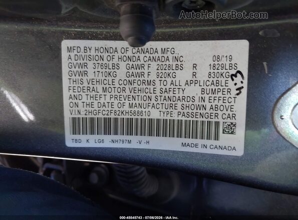 2HGFC2F82KH588610 2019 HONDA CIVIC Gray Вид підкапотного простору