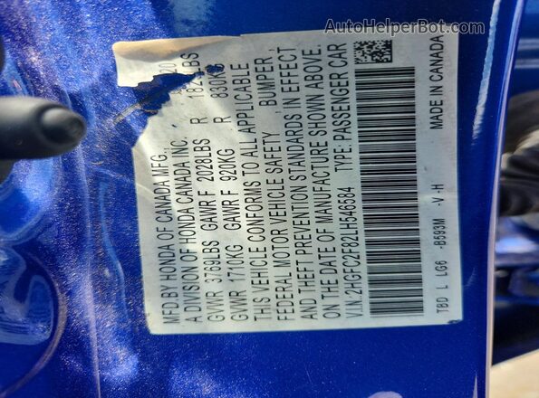2HGFC2F82LH546584 2020 HONDA CIVIC Blue VIN sticker view