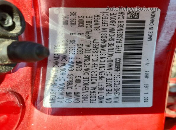 2HGFC2F82LH560033 2020 HONDA CIVIC Red Widok komory silnika