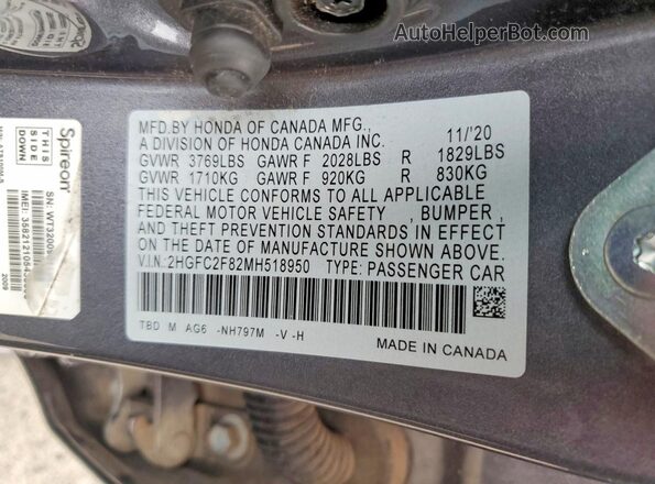 2HGFC2F82MH518950 2021 HONDA CIVIC Gray Engine compartment view