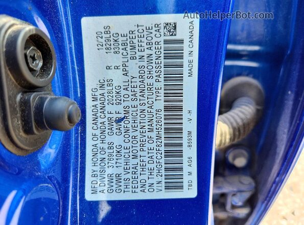 2HGFC2F82MH526076 2021 HONDA CIVIC Blue Widok naklejki z numerem VIN