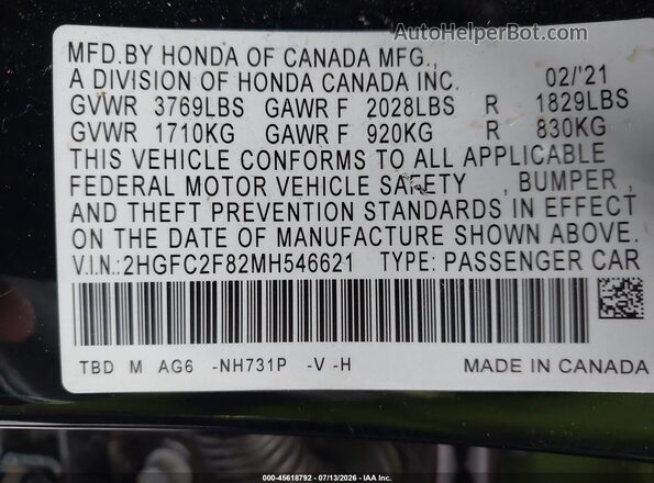 2HGFC2F82MH546621 2021 HONDA CIVIC Black Vista del compartimento del motor