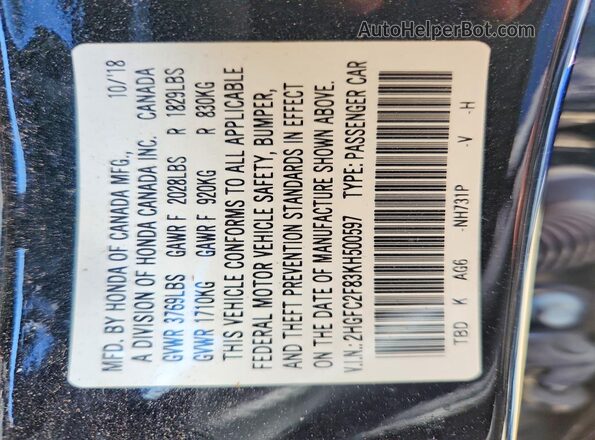 2HGFC2F83KH500597 2019 HONDA CIVIC Черный Вид подкапотного пространства
