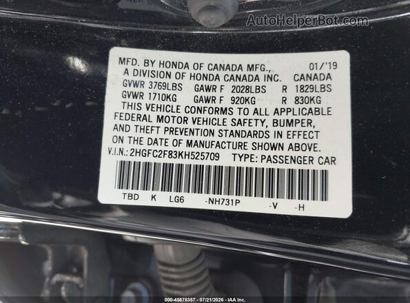 2HGFC2F83KH525709 2019 HONDA CIVIC Black Widok komory silnika