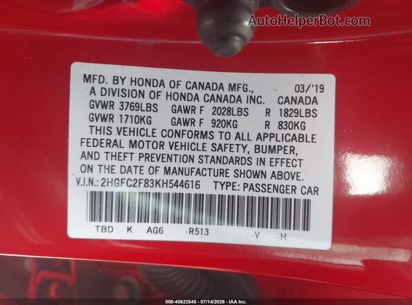 2HGFC2F83KH544616 2019 HONDA CIVIC Red ძრავის განყოფილების ხედი
