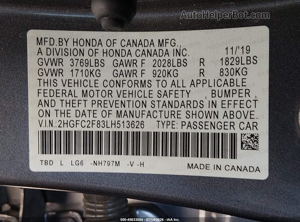 2HGFC2F83LH513626 2020 HONDA CIVIC Gray Engine compartment view