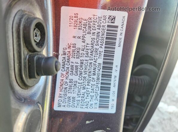 2HGFC2F83MH514258 2021 HONDA CIVIC Gray Vista del compartimento del motor