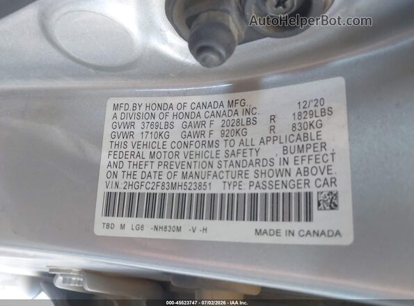 2HGFC2F83MH523851 2021 HONDA CIVIC Silver ძრავის განყოფილების ხედი