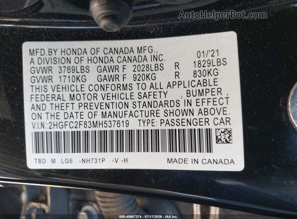 2HGFC2F83MH537619 2021 HONDA CIVIC Black Vista del compartimento del motor
