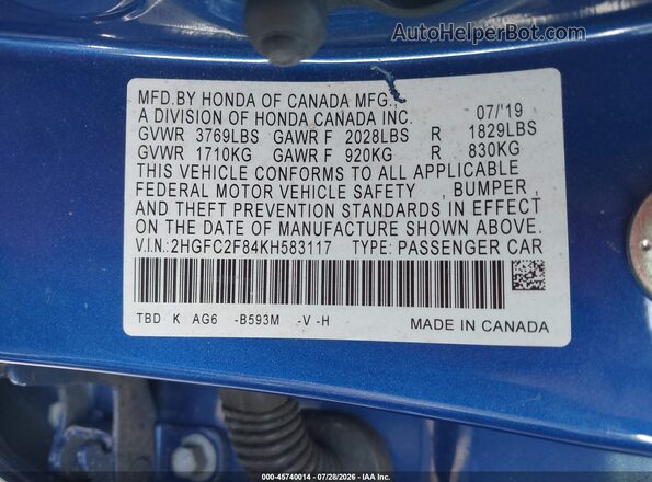 2HGFC2F84KH583117 2019 HONDA CIVIC Blue ძრავის განყოფილების ხედი