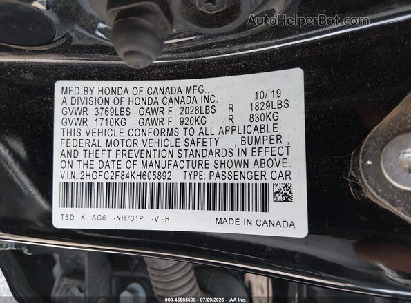 2HGFC2F84KH605892 2019 HONDA CIVIC Black Vista del compartimento del motor