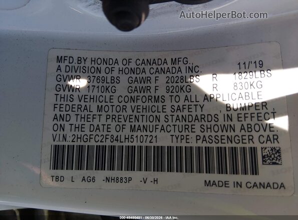 2HGFC2F84LH510721 2020 HONDA CIVIC White Вид підкапотного простору