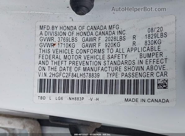 2HGFC2F84LH578839 2020 HONDA CIVIC White Vista del compartimento del motor