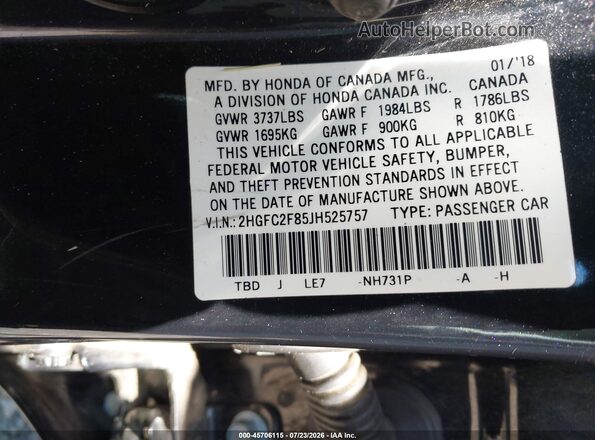2HGFC2F85JH525757 2018 HONDA CIVIC Black ძრავის განყოფილების ხედი