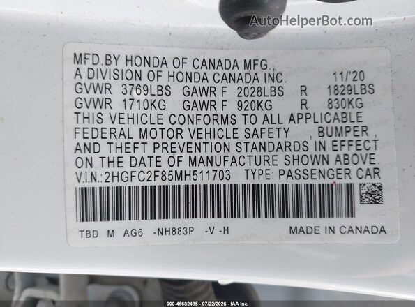 2HGFC2F85MH511703 2021 HONDA CIVIC White Vista del compartimento del motor