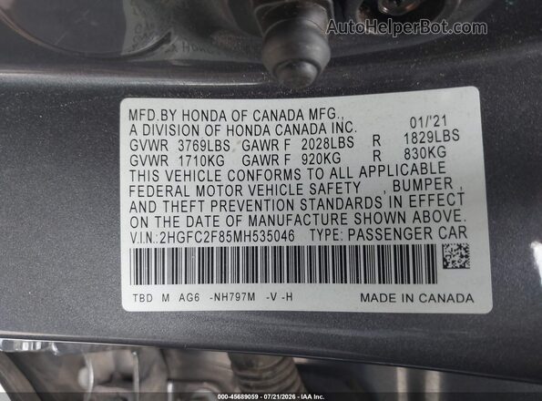 2HGFC2F85MH535046 2021 HONDA CIVIC Gray Vista del compartimento del motor