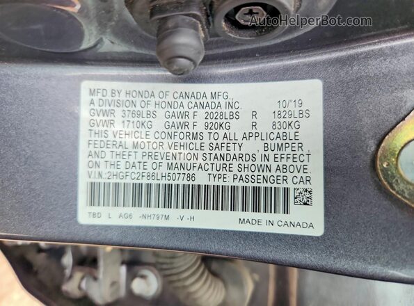 2HGFC2F86LH507786 2020 HONDA CIVIC Gray Շարժիչի բաժամունքի տեսք