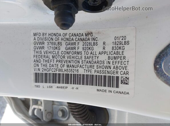 2HGFC2F86LH535216 2020 HONDA CIVIC White Widok komory silnika