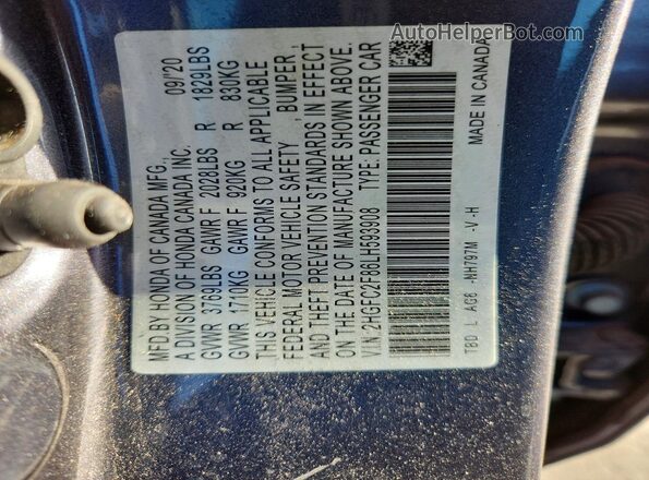 2HGFC2F86LH593908 2020 HONDA CIVIC Gray VIN კოდის სტიკერის ხედი