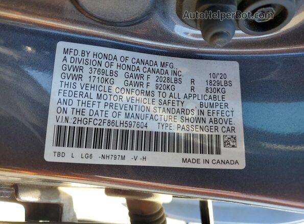 2HGFC2F86LH597604 2020 HONDA CIVIC Серый Вид подкапотного пространства