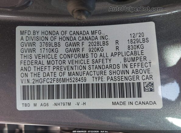 2HGFC2F86MH528459 2021 HONDA CIVIC Серый Вид подкапотного пространства