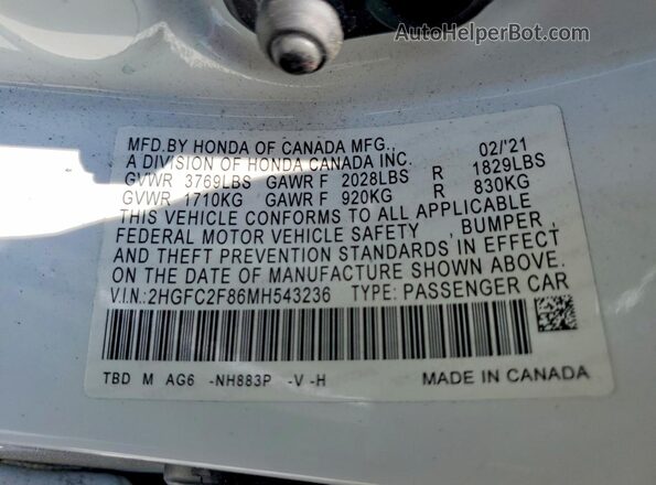 2HGFC2F86MH543236 2021 HONDA CIVIC White VIN sticker view