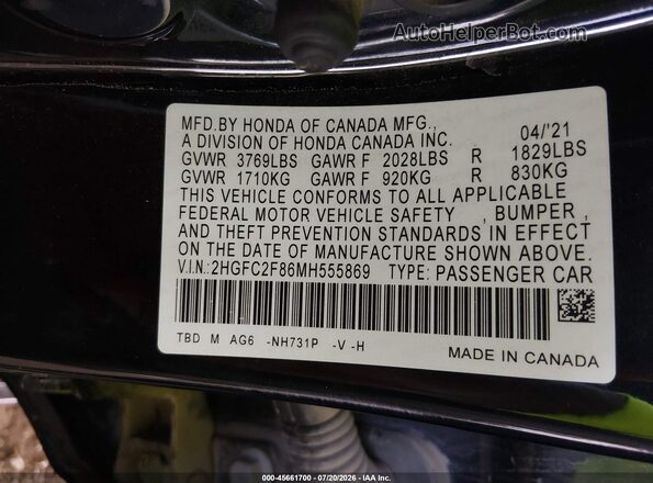 2HGFC2F86MH555869 2021 HONDA CIVIC Черный Вид подкапотного пространства