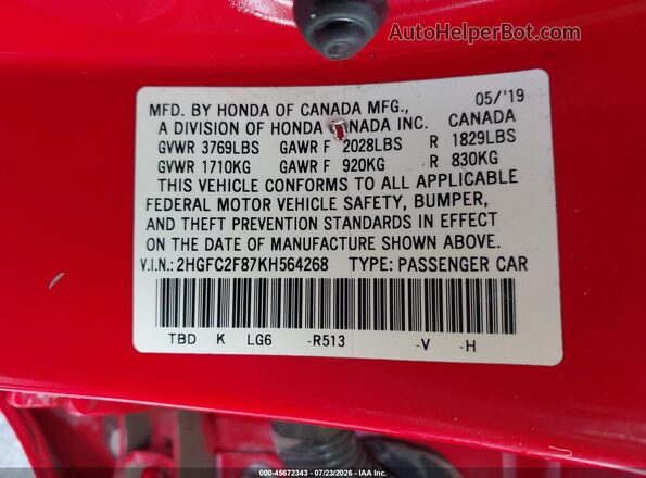 2HGFC2F87KH564268 2019 HONDA CIVIC Красный Вид подкапотного пространства