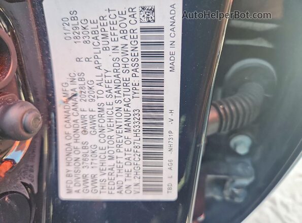 2HGFC2F87LH533233 2020 HONDA CIVIC Black Vista del compartimento del motor