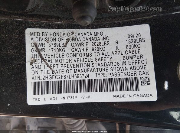 2HGFC2F87LH593724 2020 HONDA CIVIC Черный Вид подкапотного пространства