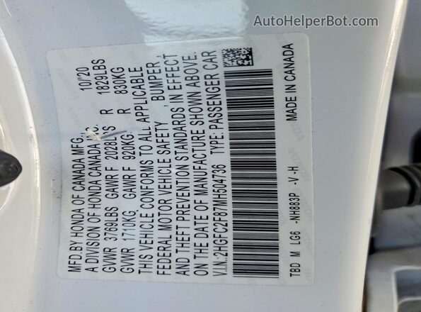 2HGFC2F87MH504736 2021 HONDA CIVIC White Vista del compartimento del motor