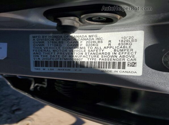 2HGFC2F87MH506907 2021 HONDA CIVIC Silver Engine compartment view
