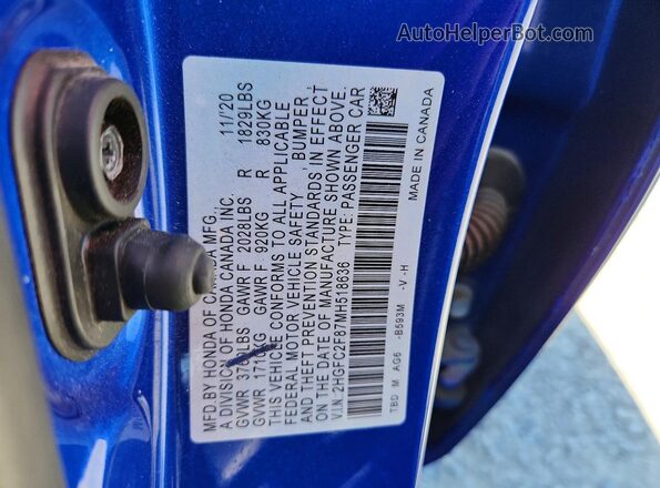 2HGFC2F87MH518636 2021 HONDA CIVIC Blue Widok komory silnika