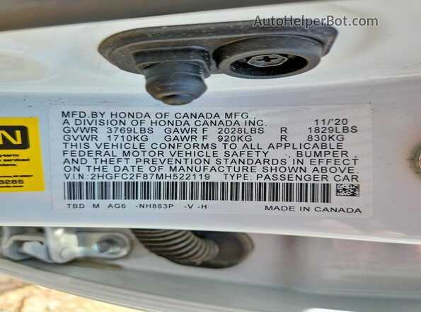 2HGFC2F87MH522119 2021 HONDA CIVIC White Вид наклейки з VIN-кодом