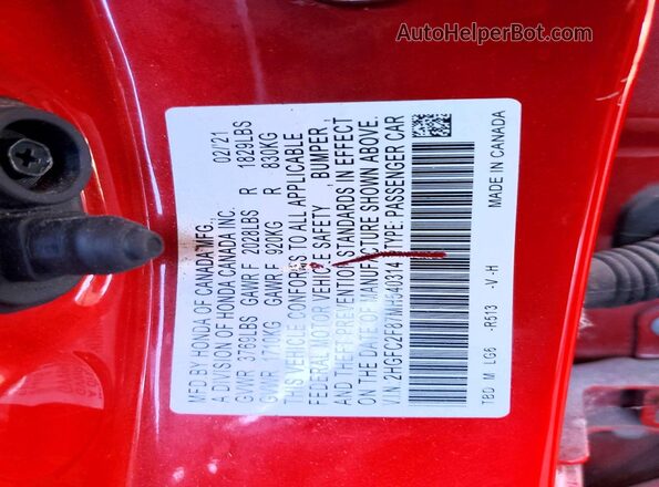 2HGFC2F87MH540314 2021 HONDA CIVIC Red Widok komory silnika