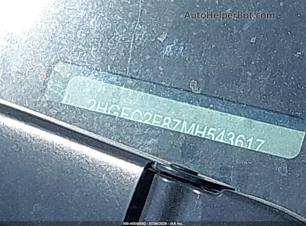 2HGFC2F87MH543617 2021 HONDA CIVIC Gray 