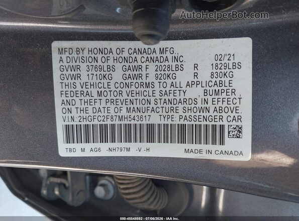 2HGFC2F87MH543617 2021 HONDA CIVIC Gray Engine compartment view