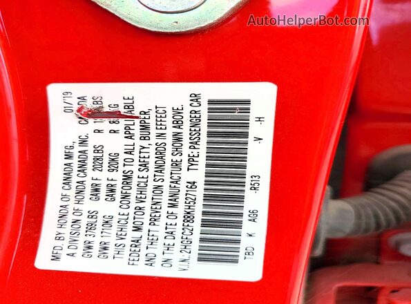 2HGFC2F88KH527164 2019 HONDA CIVIC Red Вид підкапотного простору