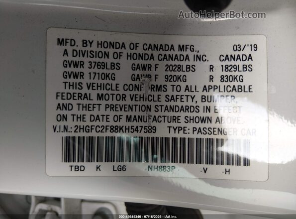 2HGFC2F88KH547589 2019 HONDA CIVIC White Vista del compartimento del motor